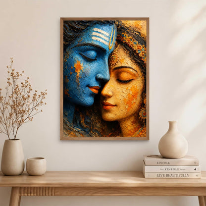 Shiv Parvati Face Wall Painting for Living Room Bedroom Hall Office Decor, Devotional Artwork with Sparkle Laminate and Premium Wooden Synthetic Frame (19.5 x 25.5 Inch) NL01-4112