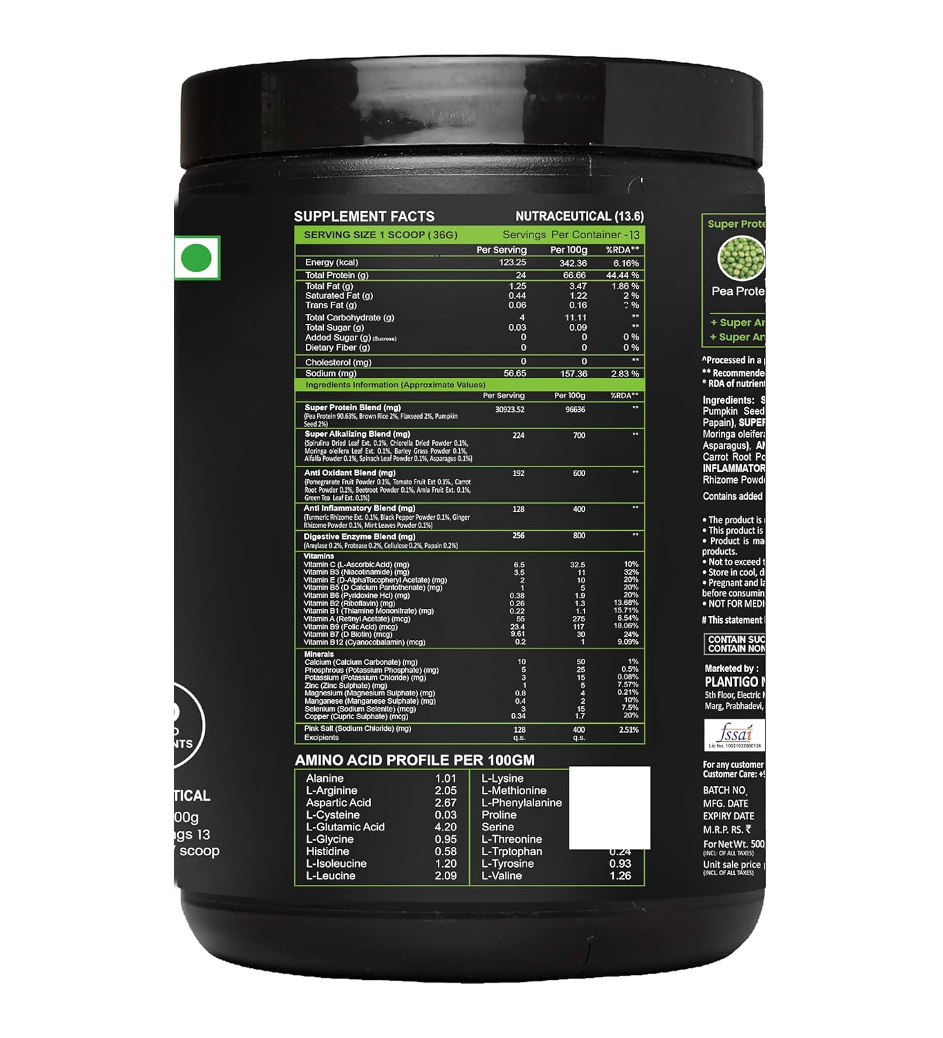 Black supplement container with nutritional information on a white background