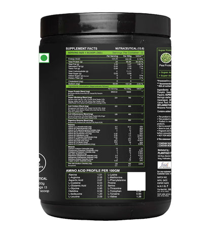 Black supplement container with nutritional information label on a white background
