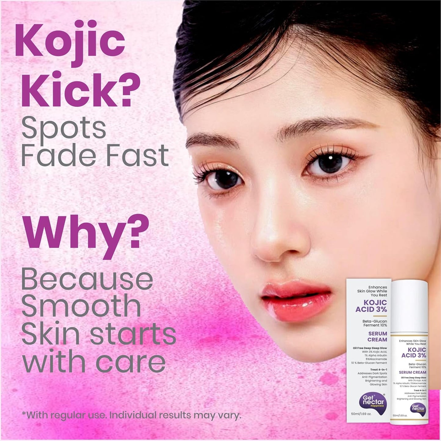 Get Nectar Happiness Glow Serum Cream with 3% Kojic Acid 5% Niacinamide 1% Alpha Arbutin & 25% Beta-Glucan for Dark Spots, Anti-Pigmentation, Brightening, Glowing Skin 50ml