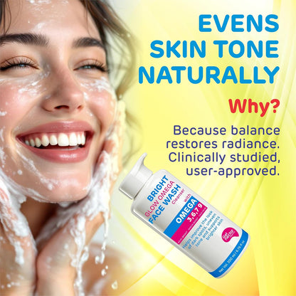 Woman applying face wash with product bottle and text about skin tone evenness and clinical studies.