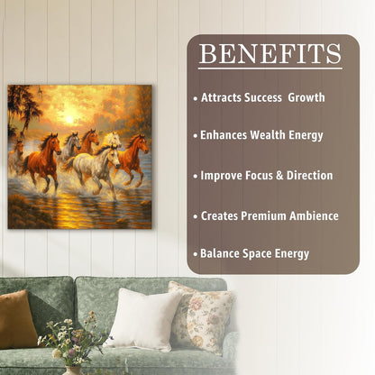 Seven Running Horses Wall Art Painting For Living Room, 7 Horsre Vastu Painting For Bedroom, Home and Office, Stretched canvas 16x22 Inch