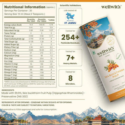 Wellwith by Ayuzera Himalayan Sea Buckthorn Pulp 300ml | Cold Pressed Seabuckthorn Juice | Rich in Vitamin C, Omega 3 6 7 9 & Antioxidants | Supports Immunity, Skin & Gut Health