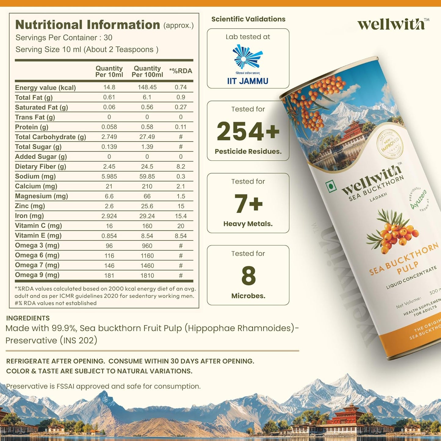 Wellwith by Ayuzera Himalayan Seabuckthorn Pulp Juice 300ml | Cold Pressed Daily Wellness Drink | Natural Vitamin C, Omegas & Antioxidants | For Immunity, Skin Radiance & Gut Wellness