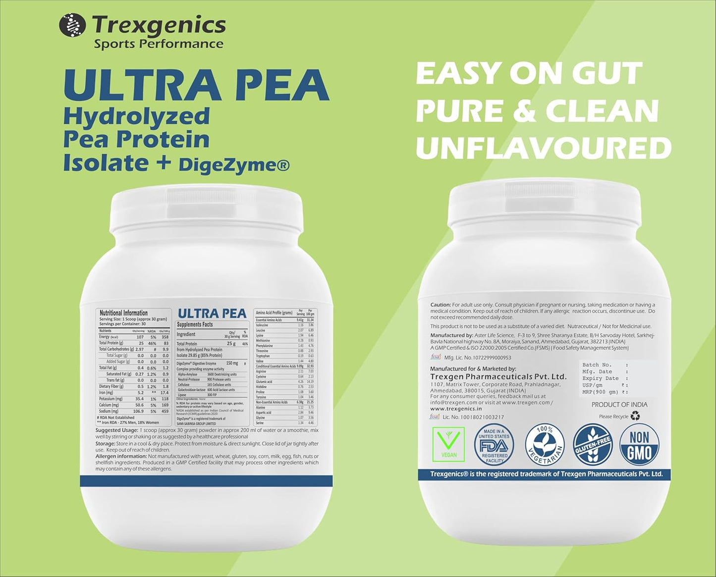 Trexgenics ULTRA PEA Hydrolyzed Pea Protein ISOLATE UNFLAVOURED, 30 Servings, Easy on Gut, Pure & Clean 25gm PROTEIN, 4.5 gm BCAA, 9 gm EAA with DigeZyme Digestive enzyme Complex, Muscle Growth (900 gram)
