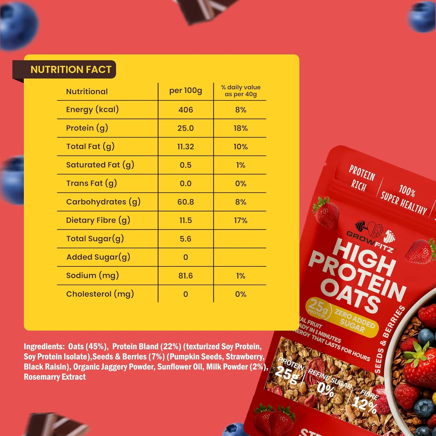 GrowFitz 25g High Protein Oats 800 Gram | Strawberry Flavor Breakfast Oatmeal | 12g High Fiber, Almonds, Raisin, Pumpkin, Chia Seeds, Super Rolled Oats | Healthy Fats, No Added Sugar (Pack of 1)