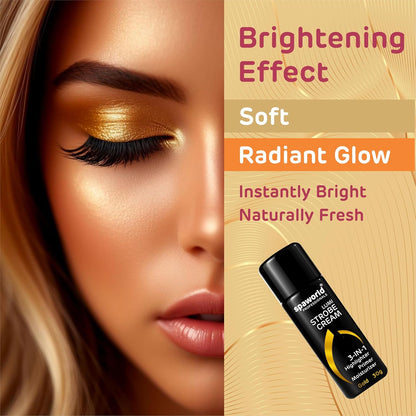 SpaWorld Strate Cream with a woman's face showing a glowing effect on skin.