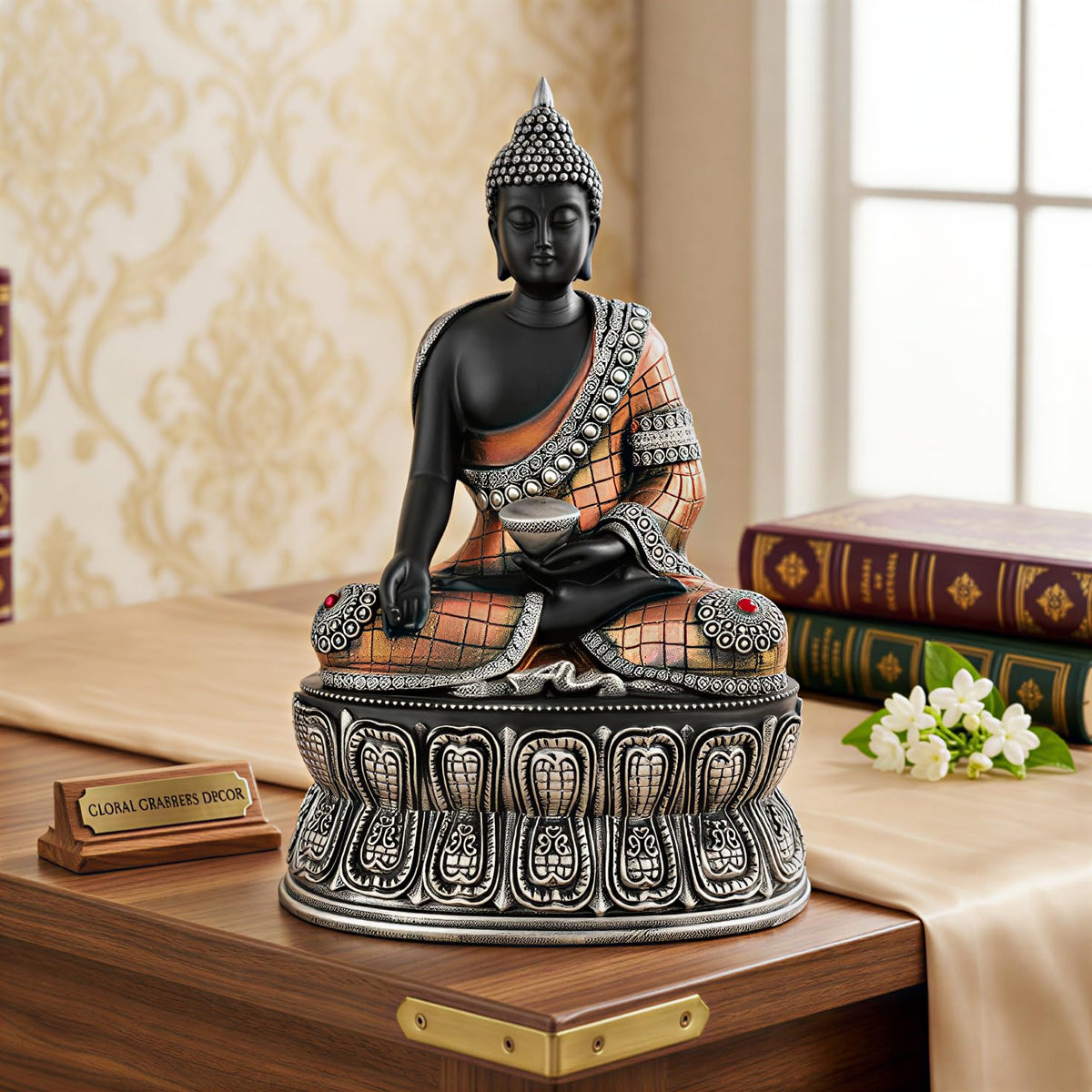 Buddha Statue Showpiece Idol Home Decor Items for Living Room and Gifts (Silver Black Copper)