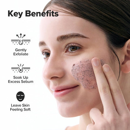 Woman applying a facial scrub with text highlighting key benefits on a white background