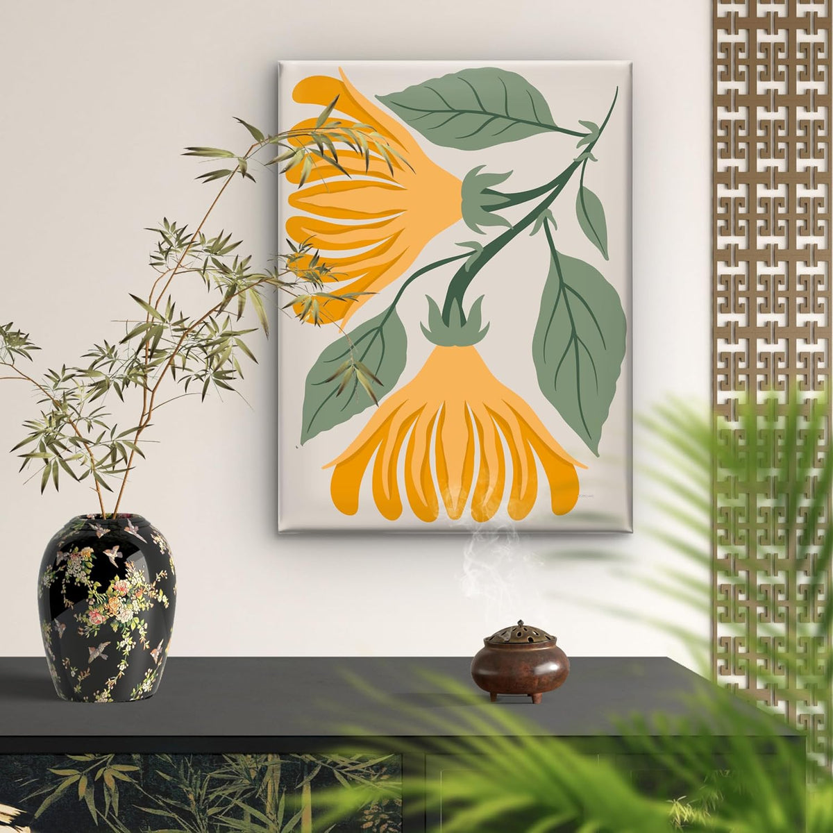 Abstract Yellow Floral Canvas Wall Art | Bold Modern Botanical Painting with Green Leaves | Ready to Hang Nature-Inspired Artwork for Living Room, Office & Bedroom (18 x 24 Inch) CVD-446