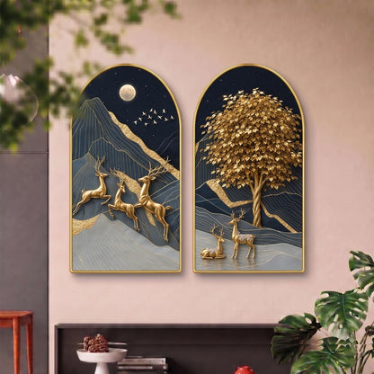 Set of 2 Golden Deer Wall Painting for Living Room, Moon Mountain Modern Artwork, PVC Golden Frame, Arch Shape Wall Decor for Bedroom, Hall, Office & Gift (30 x 32 Inch) RPNL-02-119