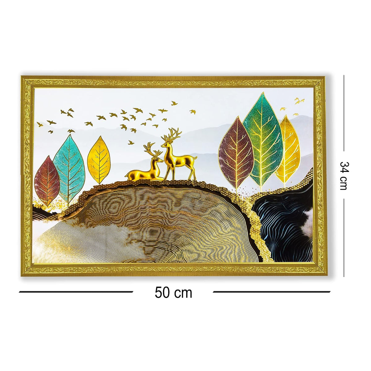3D Golen Foil Modern Art Landscape with 2 Deer | Framed Painting | Ready to Hang - (Multicolor, 14 Inch x 20 Inch)