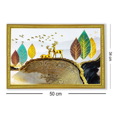 3D Golen Foil Modern Art Landscape with 2 Deer | Framed Painting | Ready to Hang - (Multicolor, 14 Inch x 20 Inch)