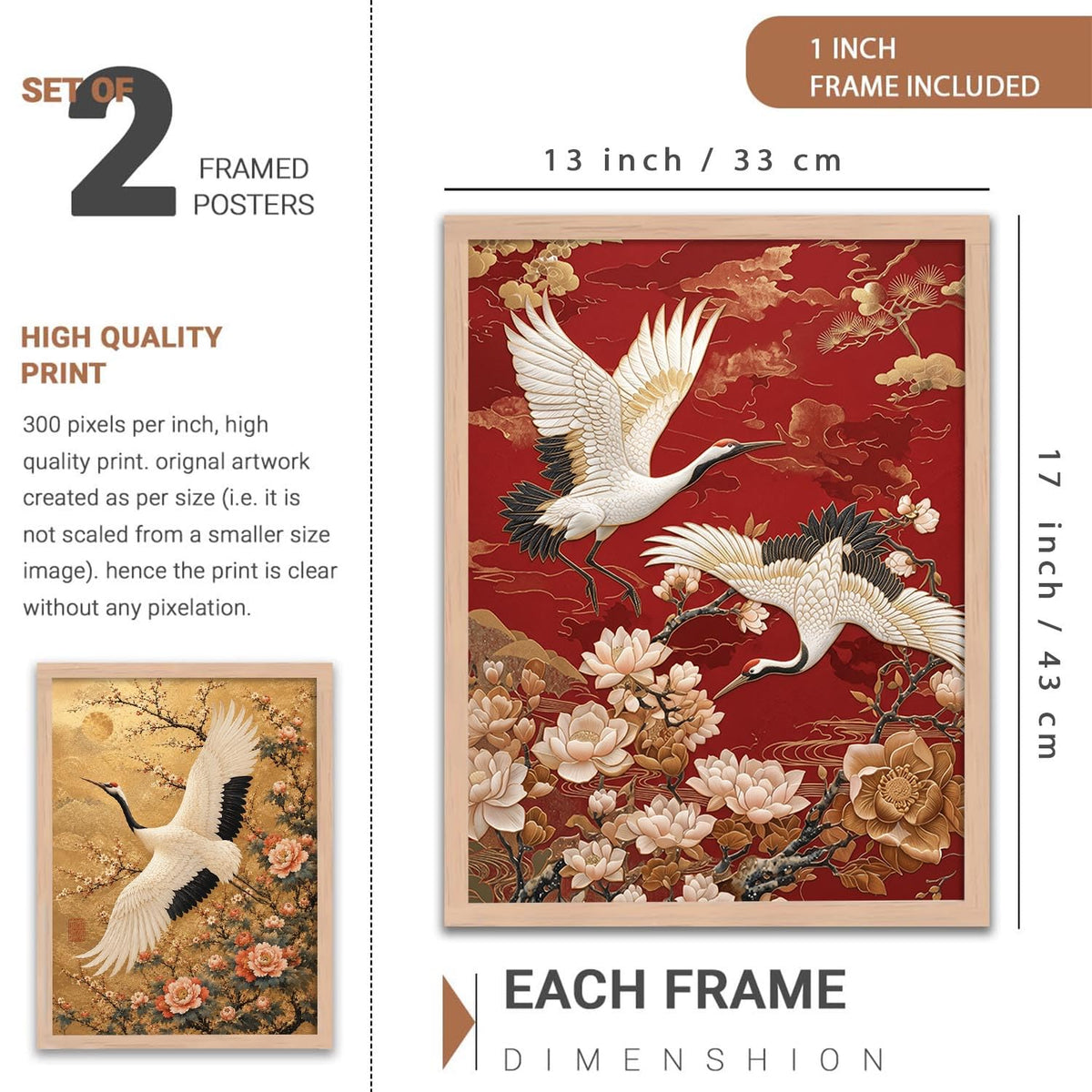 Aesthetic Japanese Crane Wall Art Painting with Cherry Blossom Flowers, Framed Nature Painting, Modern Art Home Decor for Living Room, Bedroom, Office Set of 2 (13X17 inch)