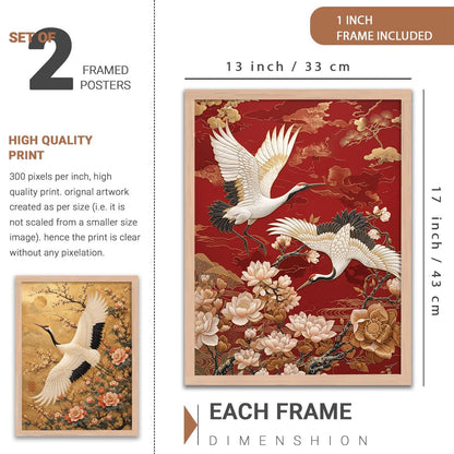 Aesthetic Japanese Crane Wall Art Painting with Cherry Blossom Flowers, Framed Nature Painting, Modern Art Home Decor for Living Room, Bedroom, Office Set of 2 (13X17 inch)