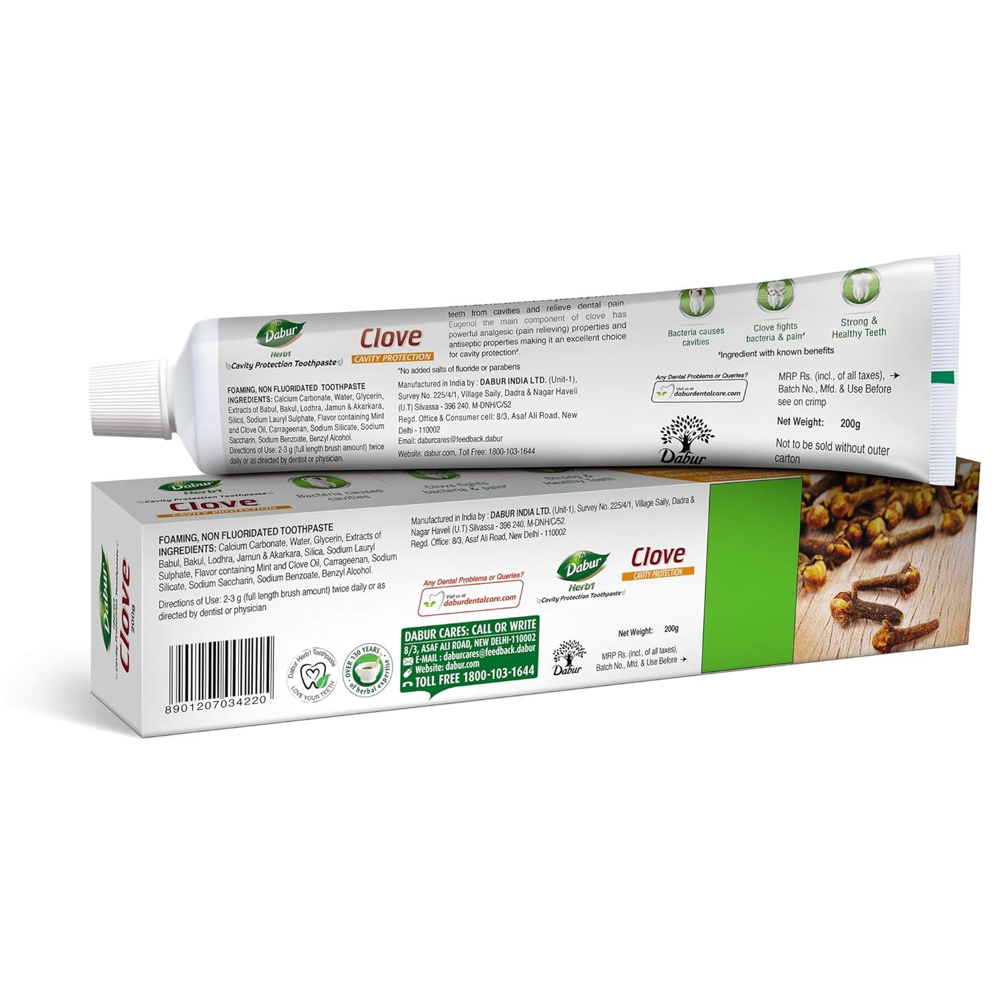 Dabur Herb'l Clove Cavity Protection Toothpaste - 200g | No added Fluoride & Parabens | For Strong & Health Teeth