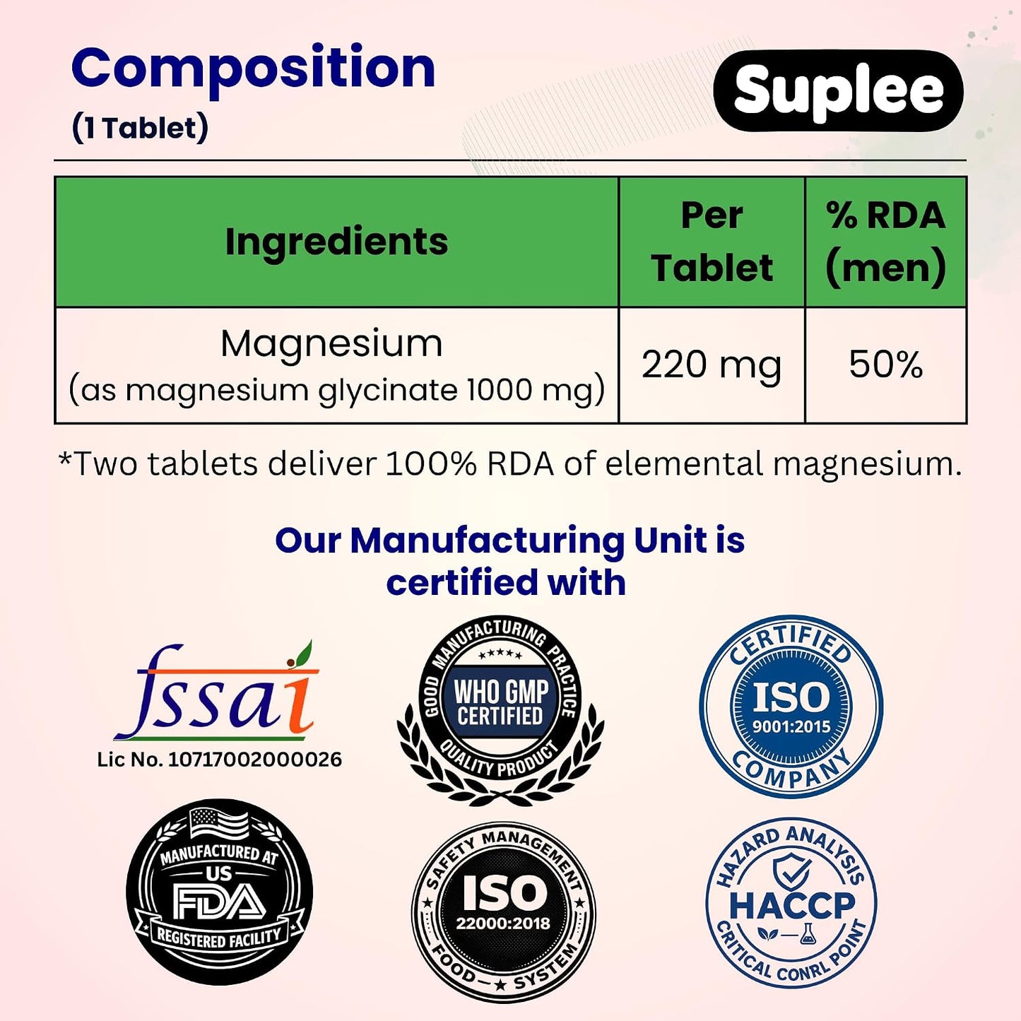 Suplee Magnesium Glycinate Effervescent Tablets 1000mg | 220mg Elemental Mgagnesium per Tablet | Supports Muscle Recovery, Sleep & Heart Health | Zero Added Sugar | 20 Count | Orange Flavour