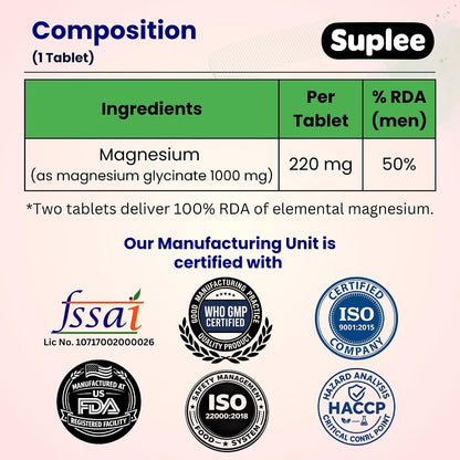 Suplee Magnesium Glycinate Effervescent Tablets 1000mg | 220mg Elemental Mgagnesium per Tablet | Supports Muscle Recovery, Sleep & Heart Health | Zero Added Sugar | 20 Count | Orange Flavour