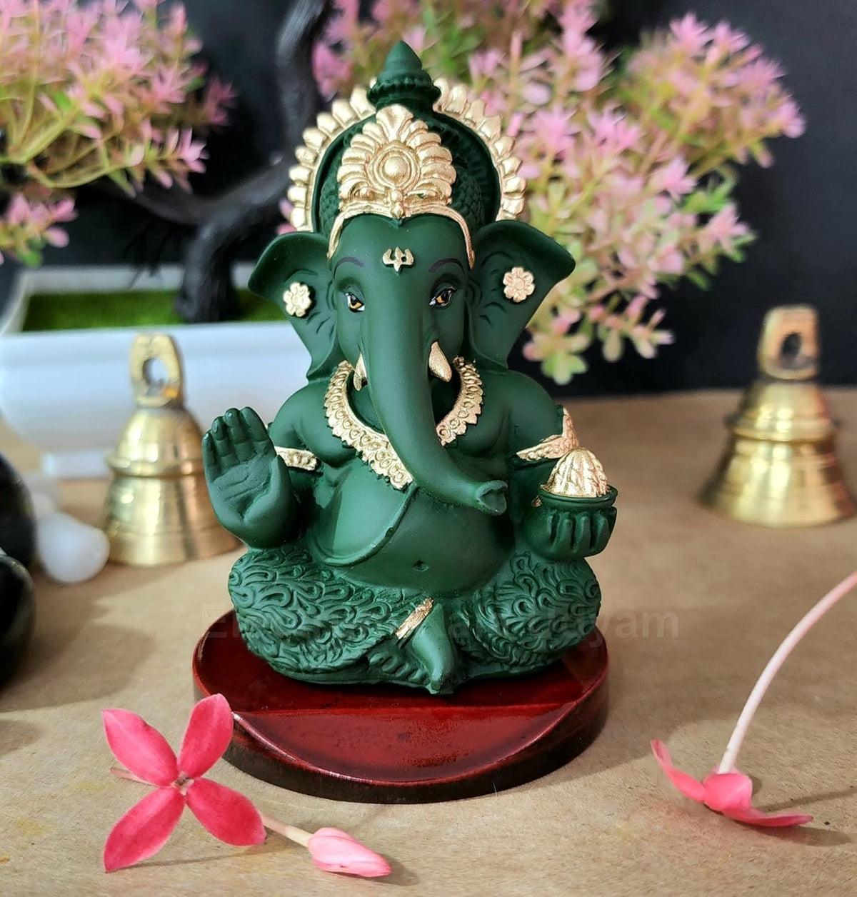 Handcrafted Poly Resin Ganesha Statue with Base - Perfect for Car Dashboard, Office Desk, Shelves, and Home Decor - Ideal Housewarming Gift! (ForestGreenMukut)