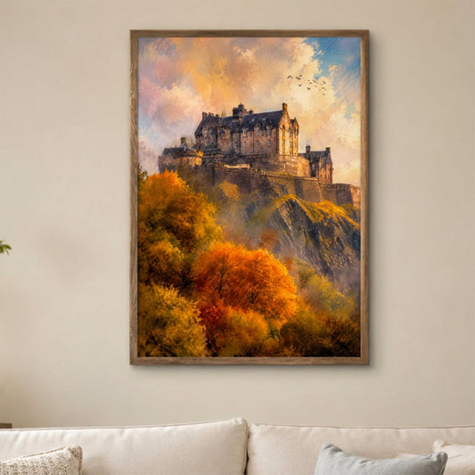 Castle Mountain Landscape Wall Painting for Living Room Bedroom Hall Office Decor, Vintage Autumn Artwork with Sparkle Laminate and Premium Wooden Synthetic Frame (13.5 x 19.5 Inch) NM01-4113