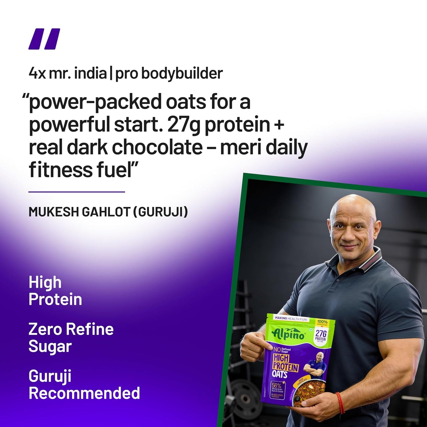 ALPINO 27g High Protein Oats Dark Chocolate- Rolled Oats, Protein Blend, Jaggery Powder, Cocoa Powder, Nuts & Seeds - Source of Dietary Fibre & Healthy Fats, No Refined Sugar & Salt