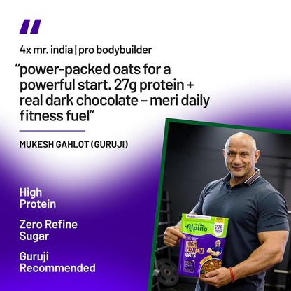 ALPINO 27g High Protein Oats Dark Chocolate- Rolled Oats, Protein Blend, Jaggery Powder, Cocoa Powder, Nuts & Seeds - Source of Dietary Fibre & Healthy Fats, No Refined Sugar & Salt