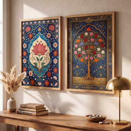 Decorative Indian Traditional Madhubani Wall Art Home Decor Painting poster With Frame For Living Room Bed Room Hotel Wall Decor Digital Reprint Set of 2 (13X17 inch)