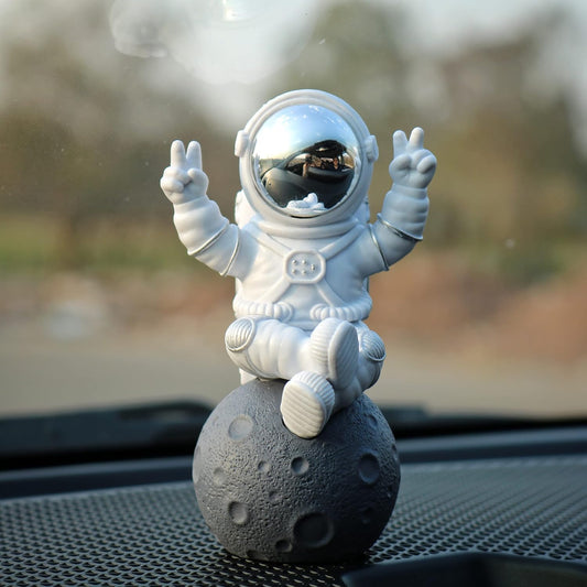 Astronaut Figurine Showpiece for Home Décor, Office Desk, Car Dashboard & Table Decoration | Space Astronaut Statue Collectible Gift for Home, Room & Workspace (Sitting on Moon Silver Large)