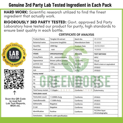 GREENDORSE Organic Tongkat Ali Longjack Root Extract Powder, 2% Eurycomanone | 3 Months Supply | Enhanced T-Level, Stamina and Stress tolerance, Vegan Friendly, 50g