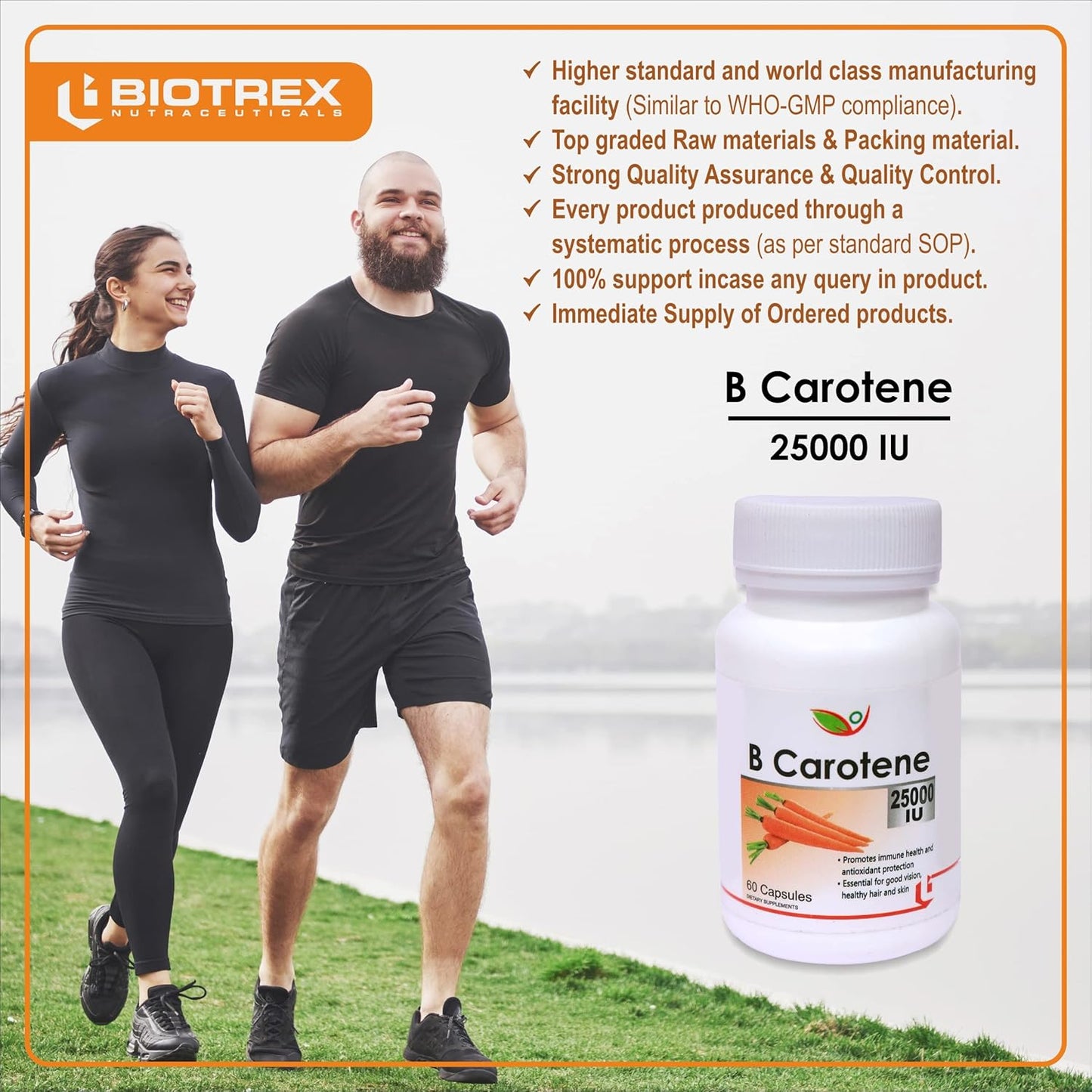 Biotrex Beta Carotene 25000IU - Essential for good vision, healthy hair and skin (60 Capsules), nutritional supplement, multivitamins, vitamin capsules, for men, women and adults, health supplements,