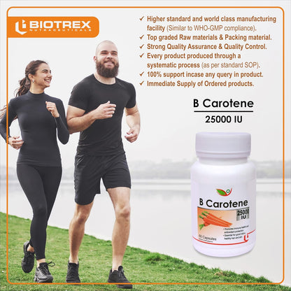 Biotrex Beta Carotene 25000IU - Essential for good vision, healthy hair and skin (60 Capsules), nutritional supplement, multivitamins, vitamin capsules, for men, women and adults, health supplements,