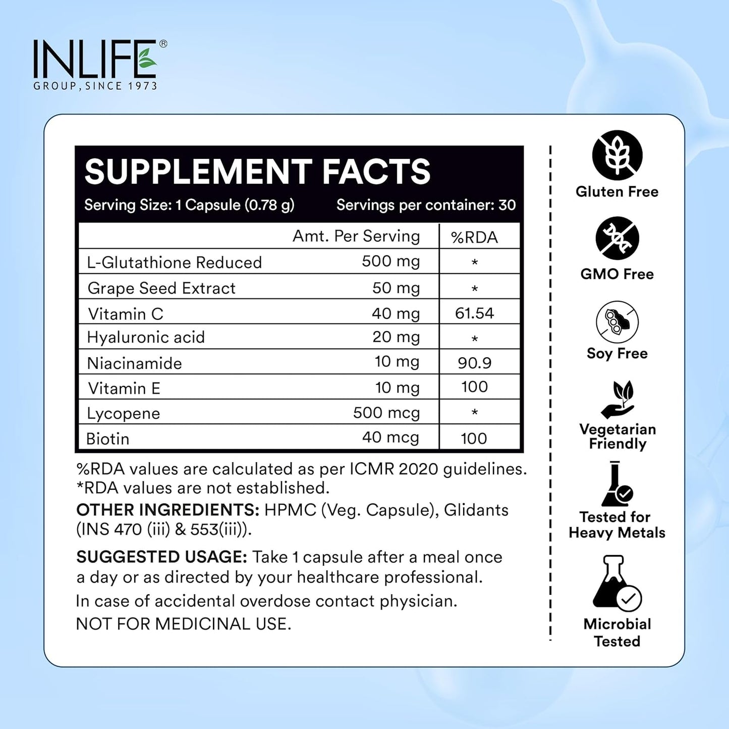 INLIFE L-Glutathione Reduced 500mg | Grape Seed Extract, Vitamin C, Hyaluronic Acid, Niacinamide, Vitamin E, Lycopene & Biotin | Antioxidant Complex for Skin & Immune Support - 30 Vegetarian Capsules (Pack of 1)