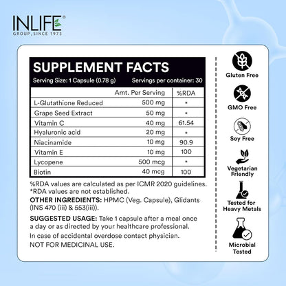 INLIFE L-Glutathione Reduced 500mg | Grape Seed Extract, Vitamin C, Hyaluronic Acid, Niacinamide, Vitamin E, Lycopene & Biotin | Antioxidant Complex for Skin & Immune Support - 30 Vegetarian Capsules (Pack of 1)