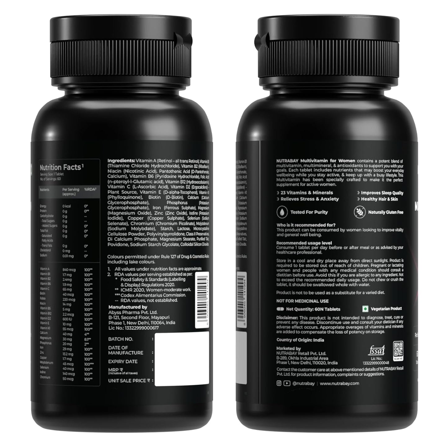 Nutrabay Pro Active Multivitamin for Women – Effective Doses of Iron, Vitamin A, B5, B6, C, D, E & K and Minerals – Immunity, Hair, Skin & Bone Support – 60 Tablets | 100% RDA Dosage | Purity Tested