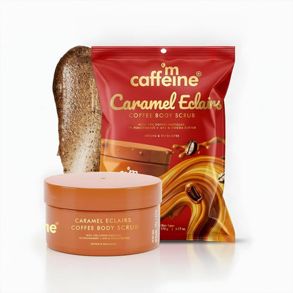 Caramel Eclairs coffee body scrub with packaging on a white background