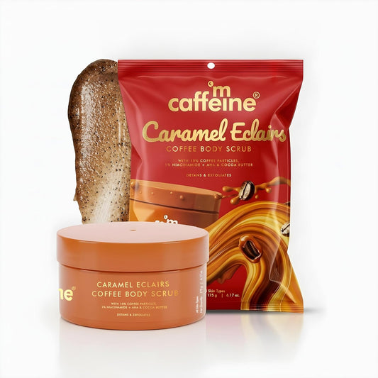 Caramel Eclairs coffee body scrub with packaging on a white background