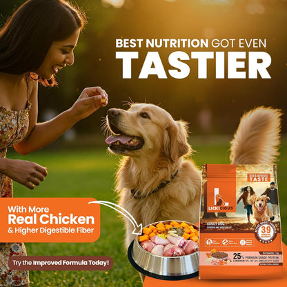LICKICIOUS Dry Dog Food Adult 1kg | High Protein Chicken, Rice, Vegetables | 39 Essential Nutrients | Healthy Skin Shiny Coat, Strong Bones & Muscles| Complete Balanced Pure Pet Food for Pedigree Dogs