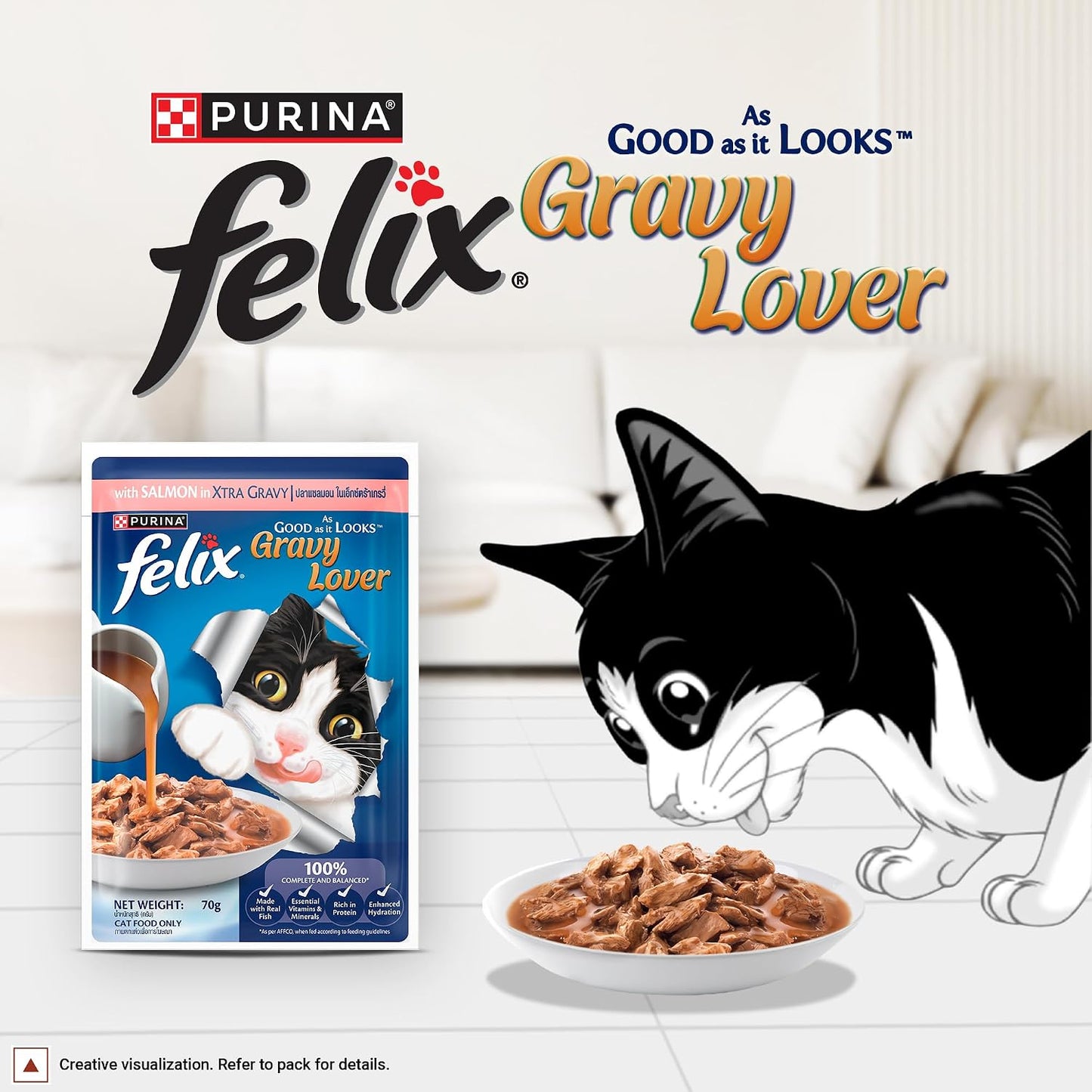 Purina Felix Salmon Gravy Lover, Wet Food for Adult Cats, 70g Pouch | With Salmon in Gravy, Tasty Meaty Chunks, 100% Complete & Balanced Nutrition, Vitamins D & E, Omega 6, Essential Minerals