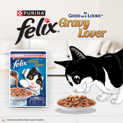 Purina Felix Salmon Gravy Lover, Wet Food for Adult Cats, 70g Pouch | With Salmon in Gravy, Tasty Meaty Chunks, 100% Complete & Balanced Nutrition, Vitamins D & E, Omega 6, Essential Minerals