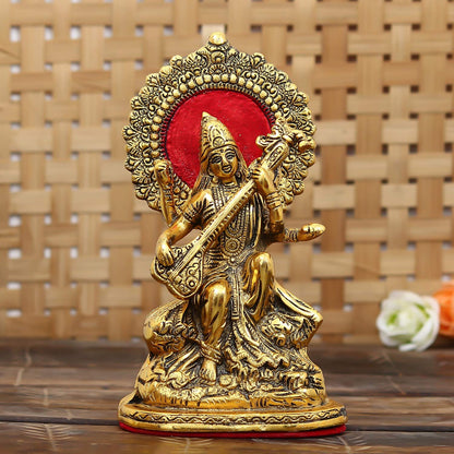 Premium Gold Plated Saraswati Idol Murti Statue for Home and Pooja Decor| Saraswati Murti for Gift, 33 x 13 Centimeters