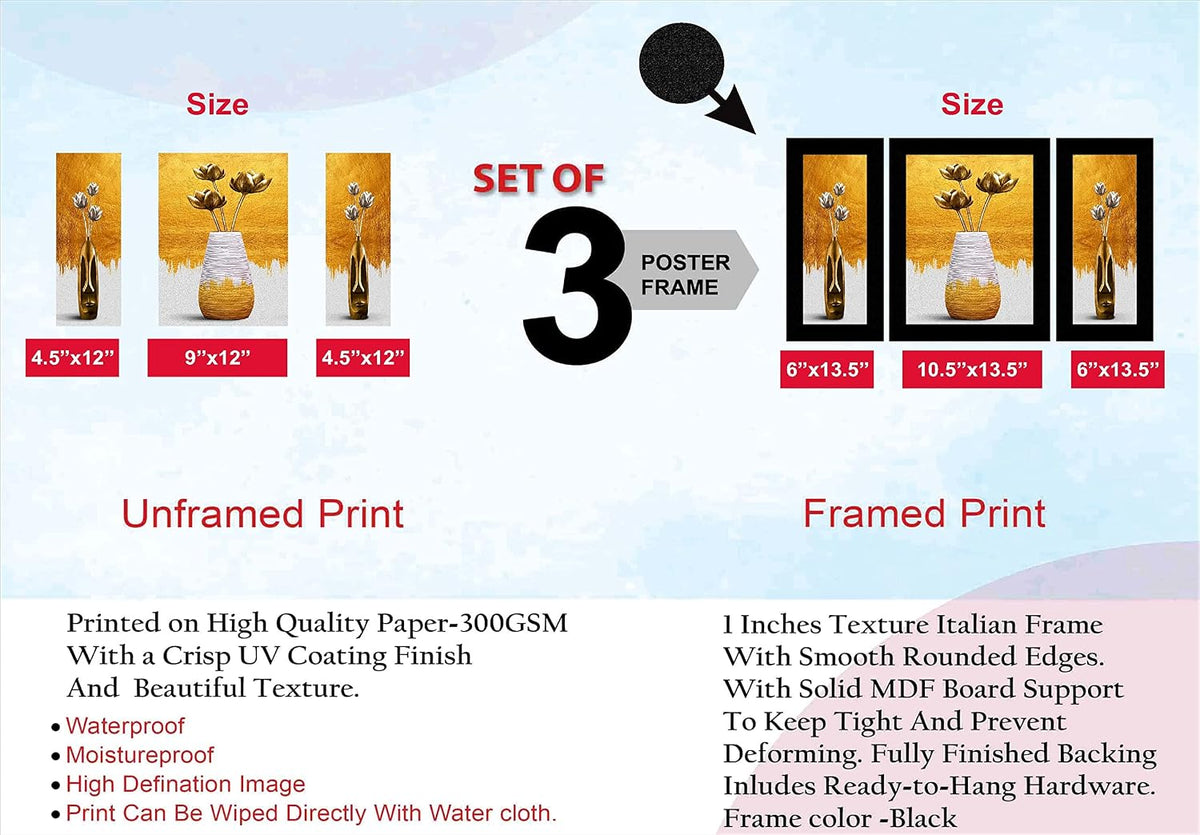 Set of 3 flower modern art UV textured Wall Painting with Frame for Home decoration 13.5 inch x 22.5 inch SANFS32582