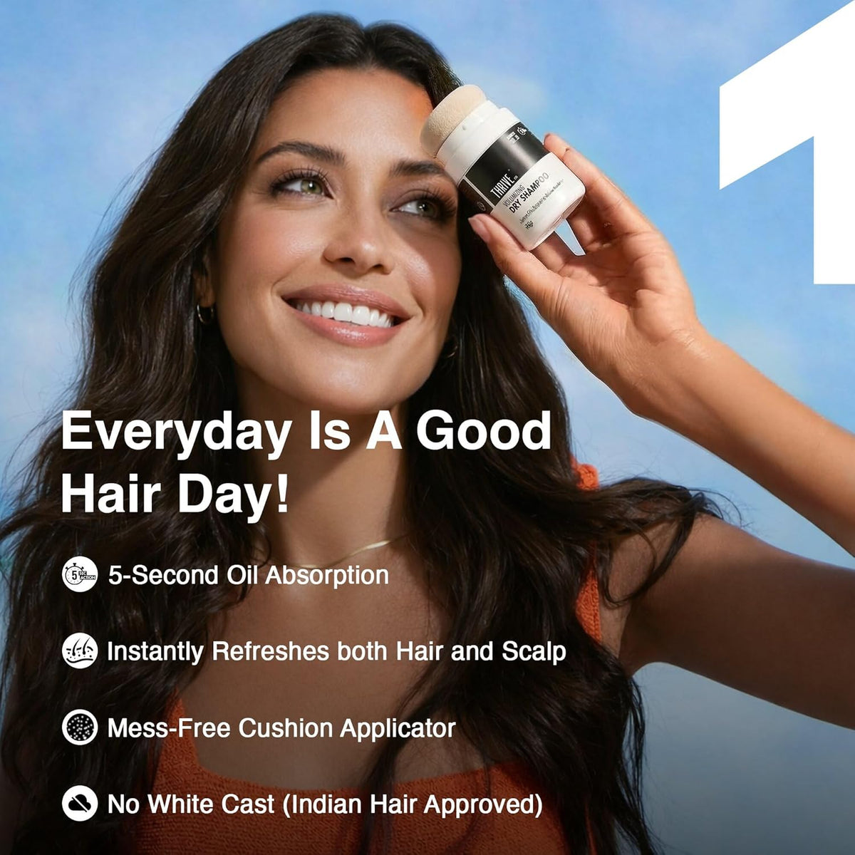 Woman applying hair product with text 'Everyday Is A Good Hair Day!' and product features.