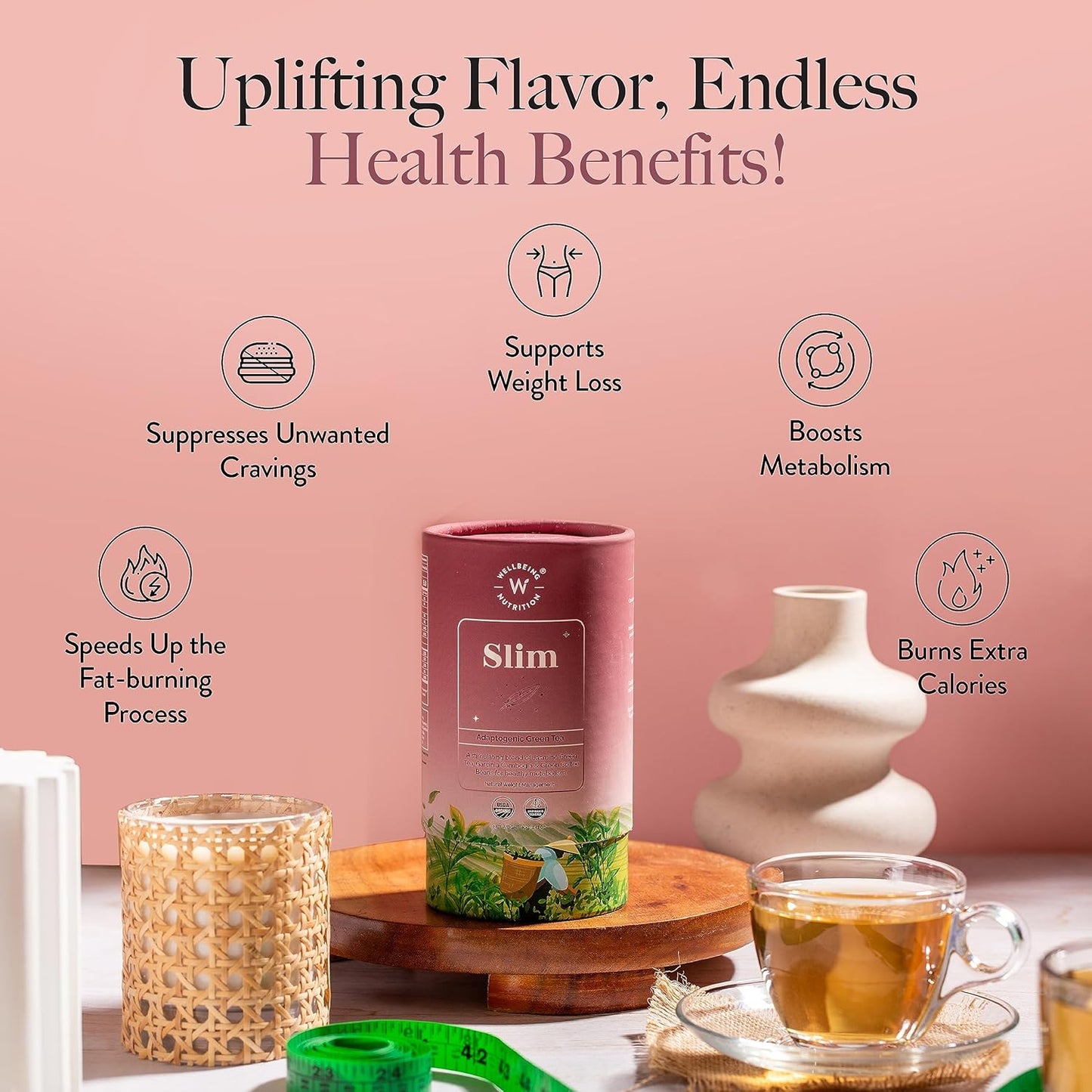 WELLBEING NUTRITION Slim Tea|Sliming Tea For Weight Management|Improves Metabolism, Satiety & Detox|Jasmine Green Tea, Garcinia Cambogia, Green Coffee Beans (40 Pyramid Tea Bags) - 40 Gram