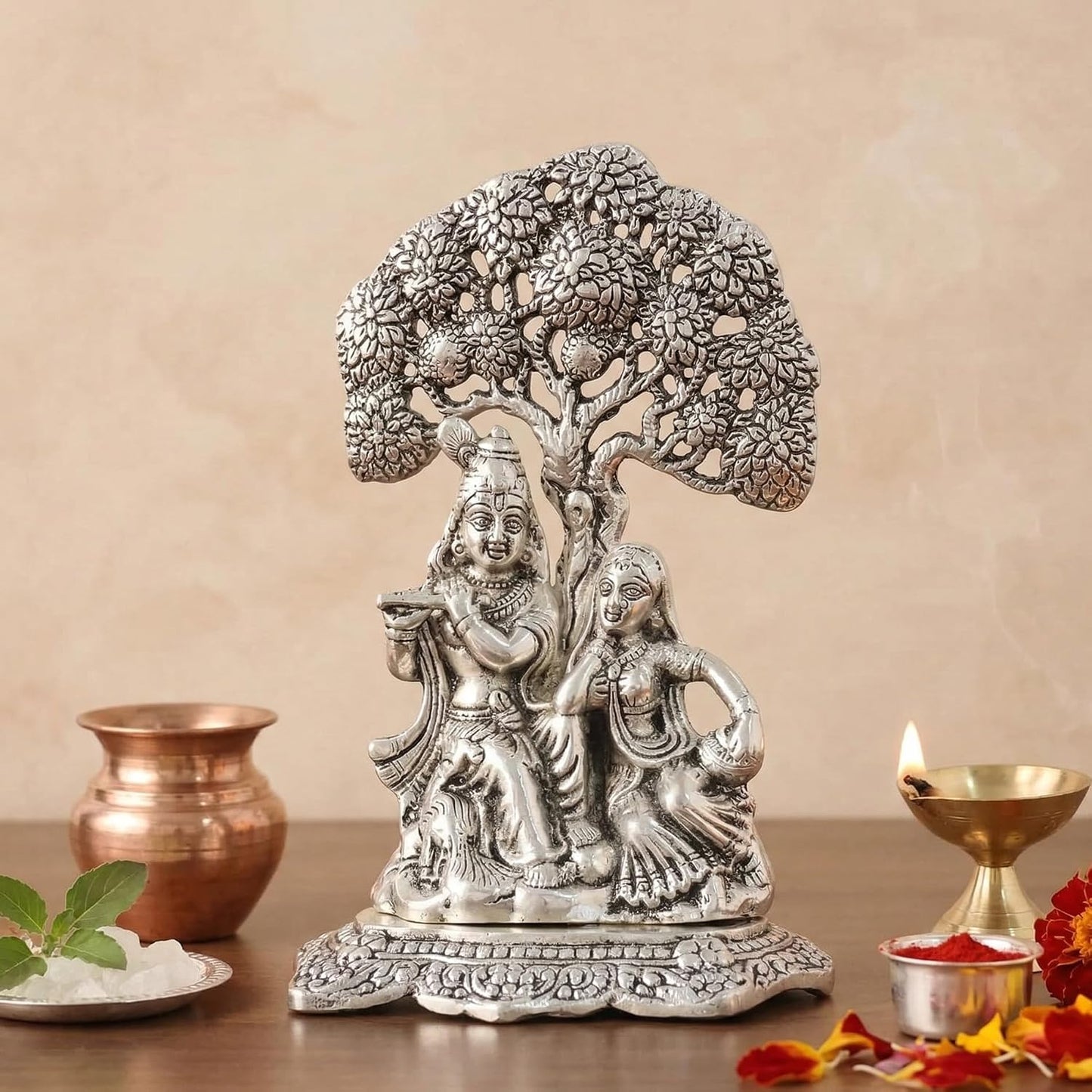 KridayKraft Metal Radha Krishna Idol with Under Tree Decorative Showpiece Statue for Puja Room Home Office Desk Gift Items Ornate Metal Sculpture of Hindu Deities, 18 cm Height Silver