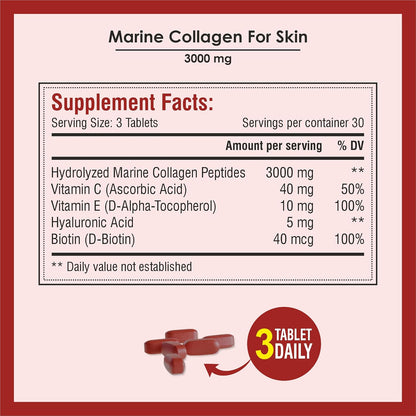 Biotrex Nutraceuticals Marine Collagen 3000mg Peptides With Biotin, Hyaluronic Acid, Vitamin C & E, Type 1 Marine Collagen, Healthy Hair, Skin, Nails, For Men & Women - 90 Tablets
