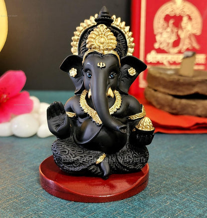 Handcrafted Poly Resin Ganesha Statue with Base - Perfect for Car Dashboard, Office Desk, Shelves, and Home Decor - Ideal Housewarming Gift! (Mukutblackwithbase)