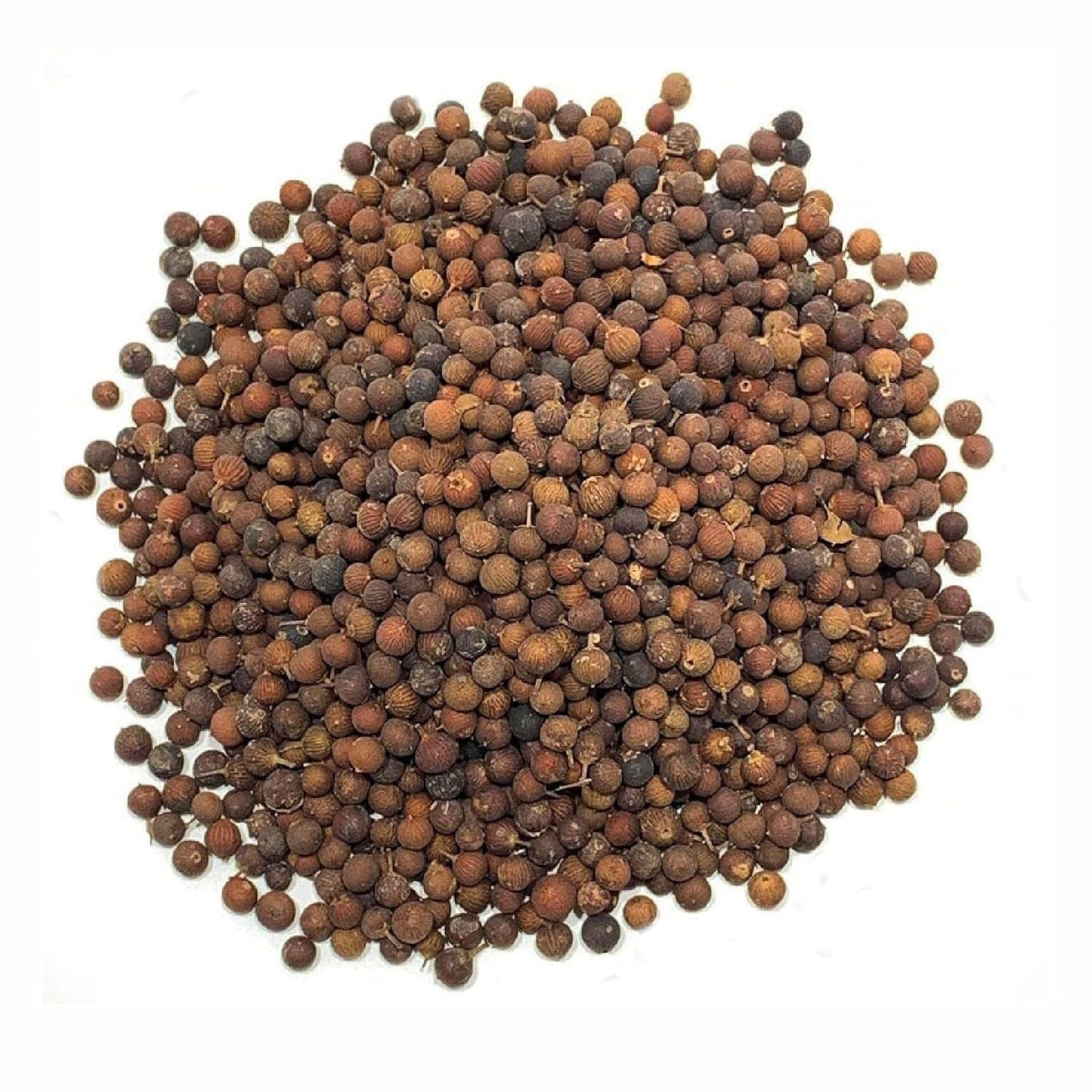 Pile of brown mustard seeds on a white background