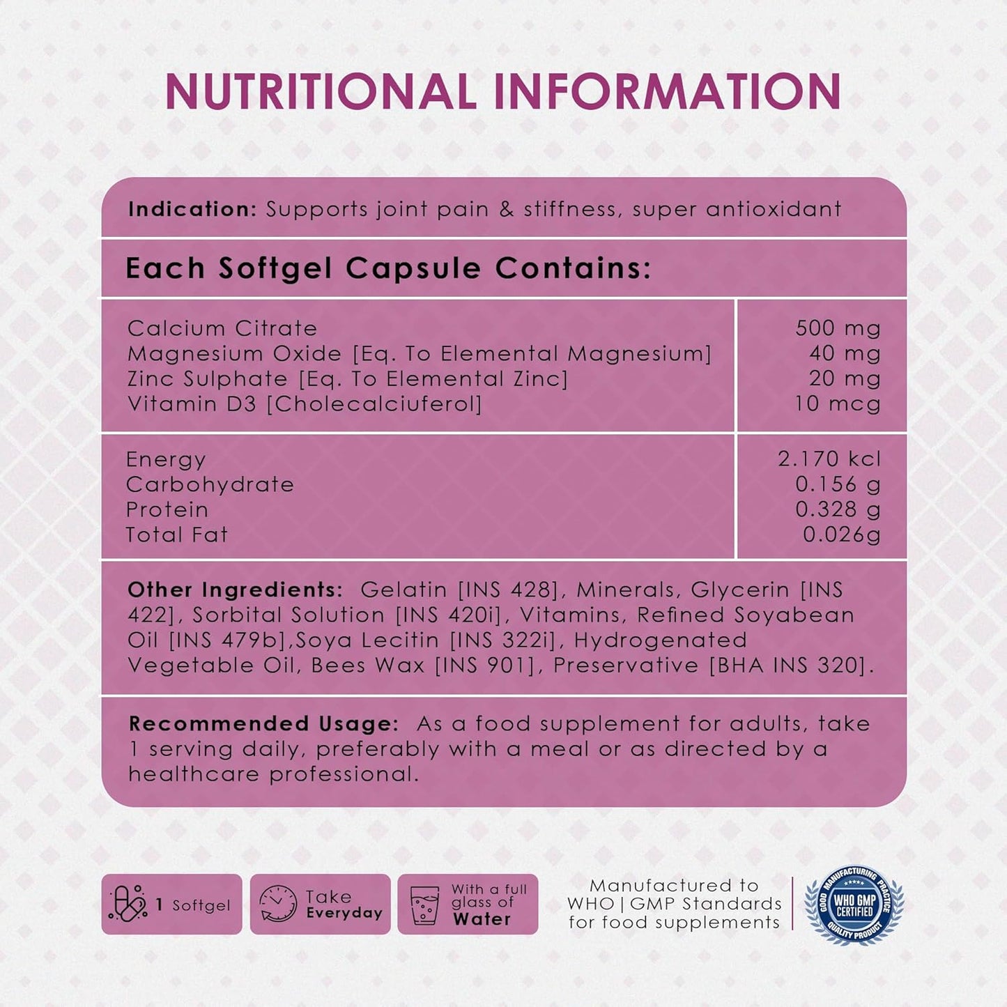 Nutritional information label for a softgel capsule on a light purple background