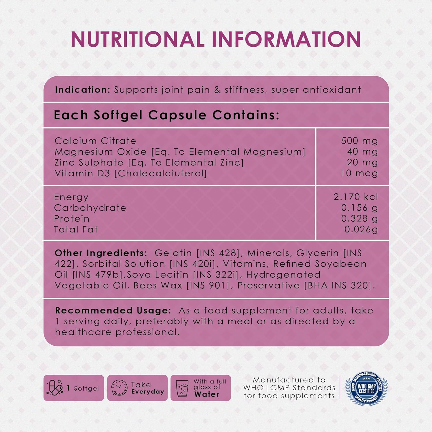 Nutritional information label for a softgel capsule on a light purple background