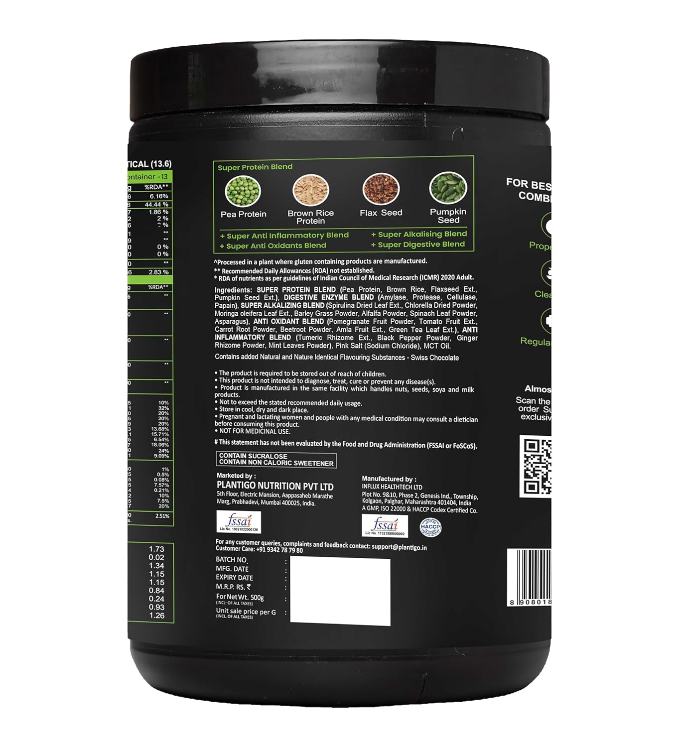 Black supplement container with detailed label on a white background